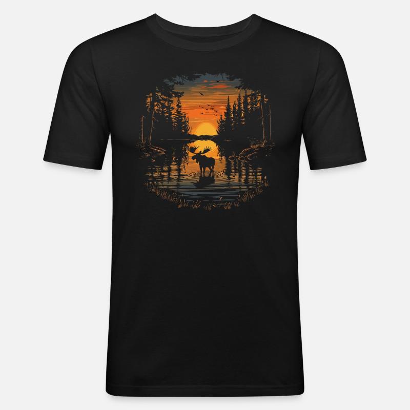 Elch Elche Waldtier Sunset - Männer Slim Fit T-Shirt - Schwarz