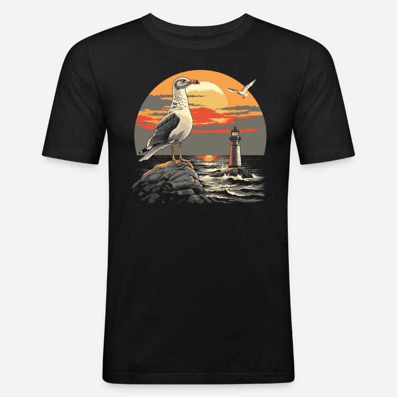 Möwe Seevogel Leuchtturm Sunset - Männer Slim Fit T-Shirt - Schwarz