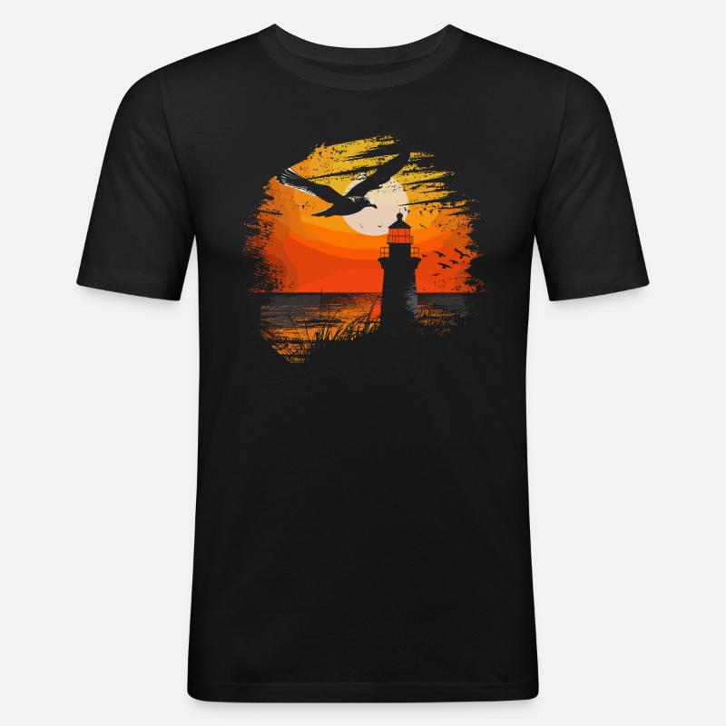 Möwe Seevogel Leuchtturm Sunset - Männer Slim Fit T-Shirt - Schwarz