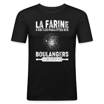 Humour Boulanger Farine Paillettes - T-shirt près du corps Homme - noir - Devant - Nik (191cm)