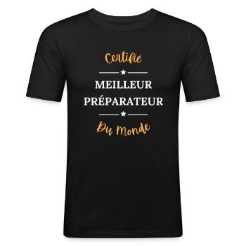 Certifié meilleur préparateur - T-shirt près du corps Homme - noir - Devant - Nik (191cm)