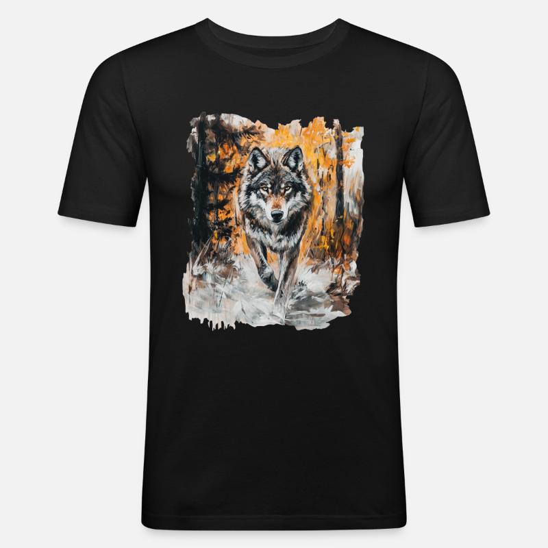 Wolf Wald Kunst - Männer Slim Fit T-Shirt - Schwarz