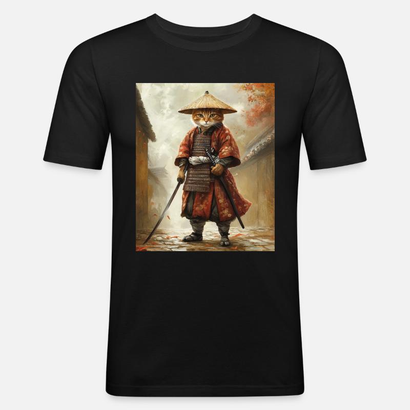 Katze Samurai - Männer Slim Fit T-Shirt - Schwarz