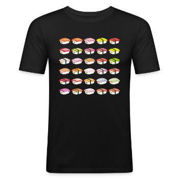 Viele Sushi Zubereitungen - Arten von Sushi - Männer Slim Fit T-Shirt - Schwarz - Vorne - Nik (191cm)
