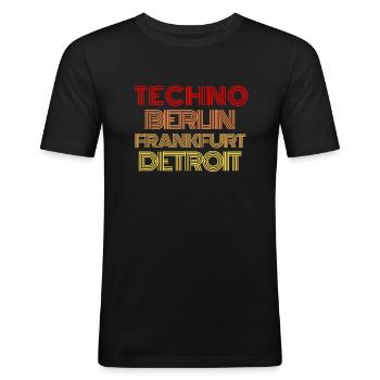 BERLIN FRANKFURT DETROIT TECHNO - Männer Slim Fit T-Shirt - Schwarz - Vorne - Nik (191cm)