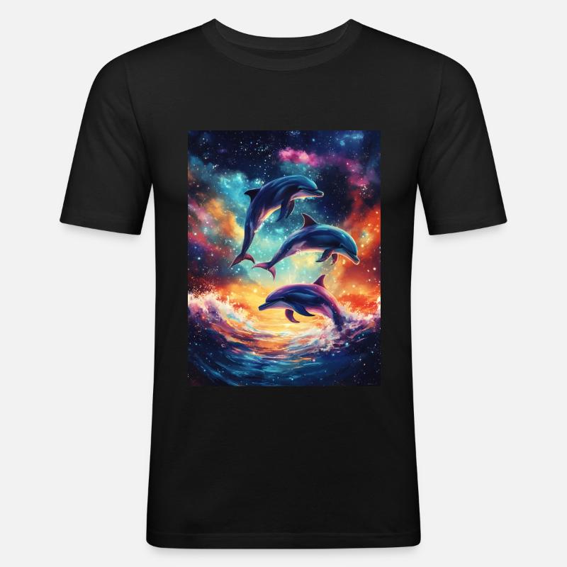 Bunte Delfine Galaxy - Männer Slim Fit T-Shirt - Schwarz