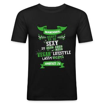 VeganSexyNeuTransp.png - Männer Slim Fit T-Shirt - Schwarz - Vorne - Nik (191cm)