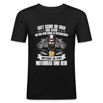 Gott schuf das Bier & Motorrad - Männer Slim Fit T-Shirt - Schwarz - Vorne - Nik (191cm)