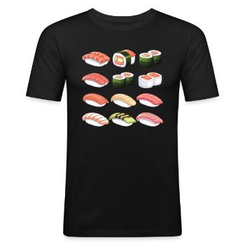 Viele Sushi Zubereitungen - Arten von Sushi - Männer Slim Fit T-Shirt - Schwarz - Vorne - Nik (191cm)