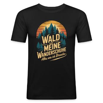 Wandern Wald Berge Wanderschuhe Spruch - Männer Slim Fit T-Shirt - Schwarz - Vorne - Nik (191cm)