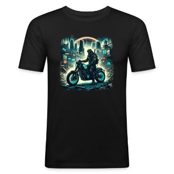 Glowing Road Warrior: Neon Dystopia Ride - Männer Slim Fit T-Shirt - Schwarz - Vorne - Nik (191cm)