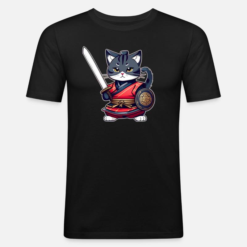 Niedliche Samurai Katze - Männer Slim Fit T-Shirt - Schwarz