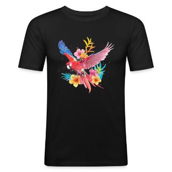 Papagei Blumen Blüten Vogel Haustier - Männer Slim Fit T-Shirt - Schwarz - Vorne - Nik (191cm)