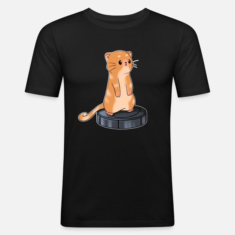 Katze mit Saugroboter Staubsauger - Männer Slim Fit T-Shirt - Schwarz
