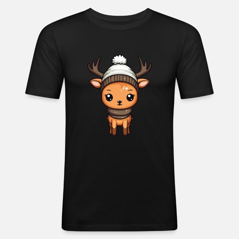 Hirsch Winter Comic Niedlich - Männer Slim Fit T-Shirt - Schwarz