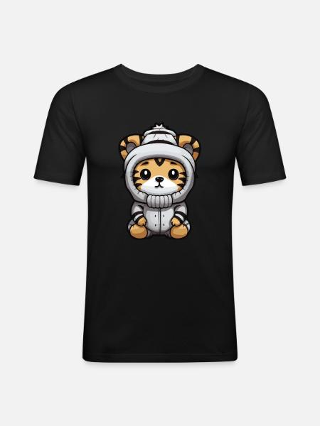 Tiger Winter Comic Niedlich - Männer Slim Fit T-Shirt - Schwarz