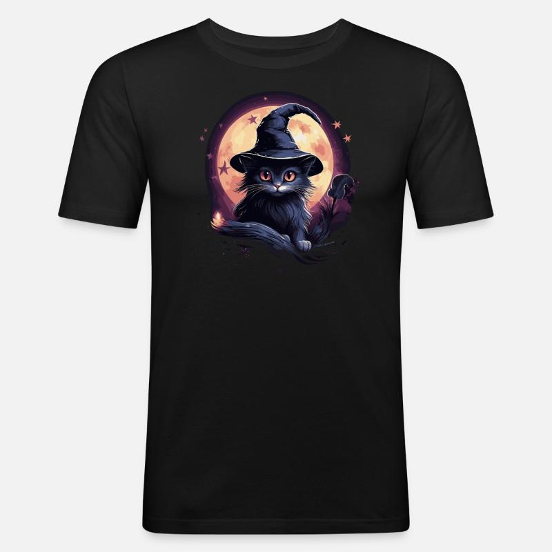 Schwarze Katze mit Hexenhut - Männer Slim Fit T-Shirt - Schwarz