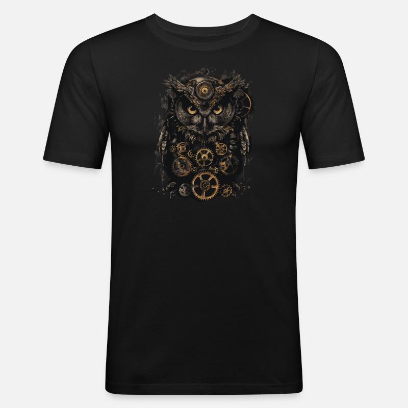 Steampunk Eule - Männer Slim Fit T-Shirt - Schwarz