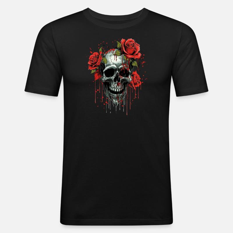 Blumenschädel - Männer Slim Fit T-Shirt - Schwarz