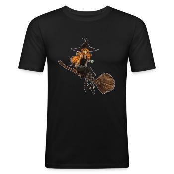 Süsse Hexe sitzt auf ihrem Besen | Halloween - Männer Slim Fit T-Shirt - Schwarz - Vorne - Nik (191cm)