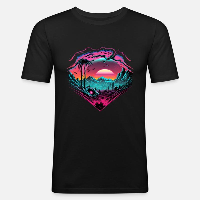 Synthwave Sunset 80s Geschenk - Männer Slim Fit T-Shirt - Schwarz