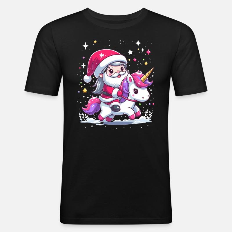 Weihnachtsmann und Einhorn - Männer Slim Fit T-Shirt - Schwarz