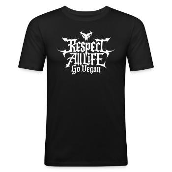 Respect All Life — Go Vegan - Männer Slim Fit T-Shirt - Schwarz - Vorne - Nik (191cm)