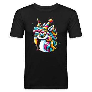 Einhorn Party Silvester Party 2024 Design - Männer Slim Fit T-Shirt - Schwarz - Vorne - Nik (191cm)