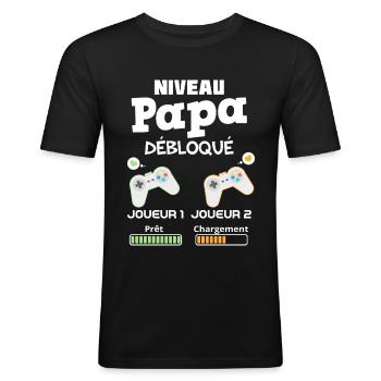 Papa et bébé joueurs de jeux vidéos - T-shirt près du corps Homme - noir - Devant - Nik (191cm)