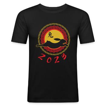 Joyeux Nouvel An Chinois Logo Du Lapin 2023 - T-shirt près du corps Homme - noir - Devant - Nik (191cm)