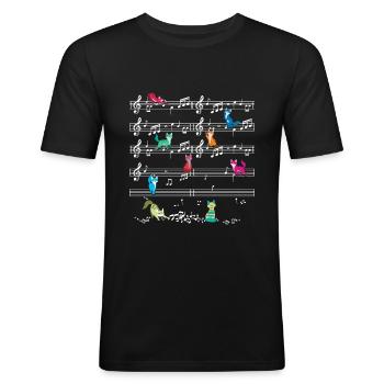 Bunte Katze, die auf Musiknoten spielt Musiker - Männer Slim Fit T-Shirt - Schwarz - Vorne - Nik (191cm)