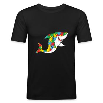 Autismus Bunter Hai Puzzle Design - Männer Slim Fit T-Shirt - Schwarz - Vorne - Nik (191cm)