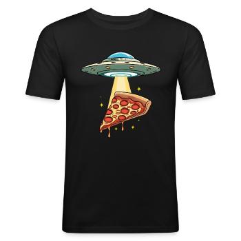 UFO entführt Pizza Slice - Männer Slim Fit T-Shirt - Schwarz - Vorne - Nik (191cm)