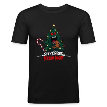 Gruseliger Weihnachtsbaum jagt Lebkuchenmann - Männer Slim Fit T-Shirt - Schwarz - Vorne - Nik (191cm)