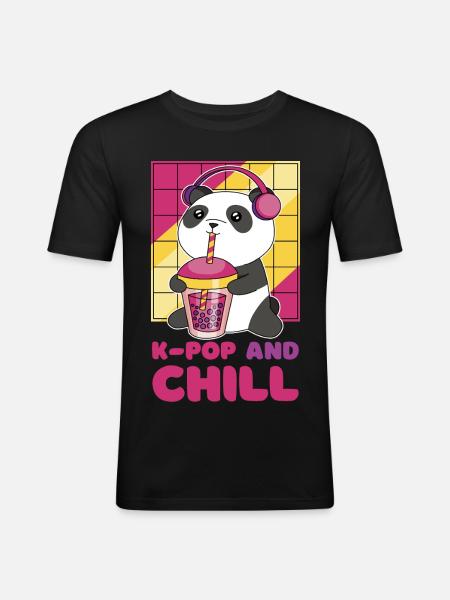 Kawaii-panda med hodetelefoner og boblete - Slim Fit T-skjorte for menn - svart