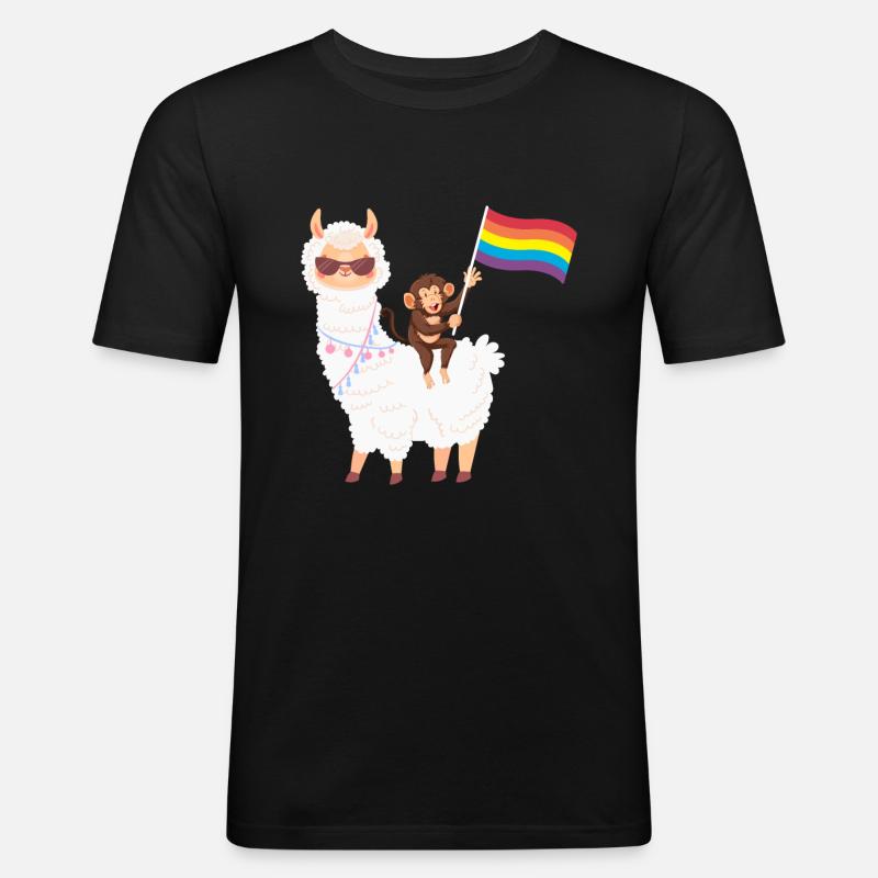 Alpaka mit Äffchen und Regenbogenfahne - Männer Slim Fit T-Shirt - Schwarz