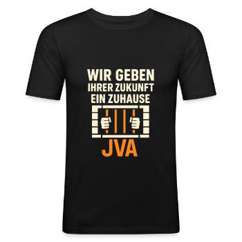 Wir geben Ihrer Zukunft ein Zuhause – JVA - Männer Slim Fit T-Shirt - Schwarz - Vorne - Nik (191cm)