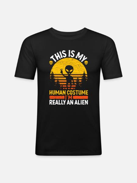 Retro Alien - Männer Slim Fit T-Shirt - Schwarz