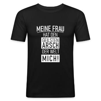 Meine Frau - Männer Slim Fit T-Shirt - Schwarz - Vorne - Nik (191cm)