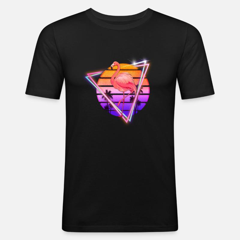 Flamingo Synthwave Retro Oldschool Geschenk - Männer Slim Fit T-Shirt - Schwarz