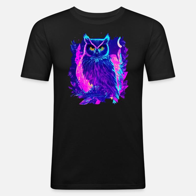 Neon leuchtende Eule Synthwave - Männer Slim Fit T-Shirt - Schwarz