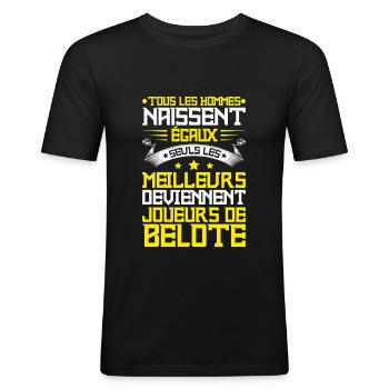 Meilleur joueur de belote Citation Drôle - T-shirt près du corps Homme - noir - Devant - Nik (191cm)