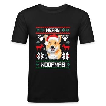 Joyeux Woofmas Corgi chien laid chandail de Noël - T-shirt près du corps Homme - noir - Devant - Nik (191cm)