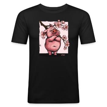 Offended Japanese Sakura Flowers Pig - Men's Slim Fit T-Shirt - black - Front - Nik (191cm)