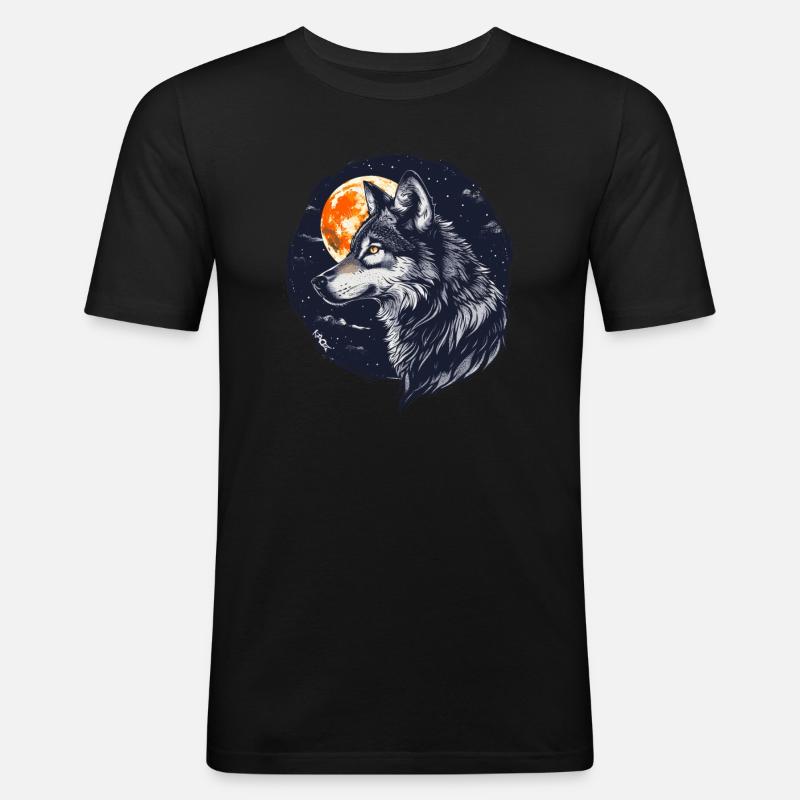 Wolf und Vollmond - Männer Slim Fit T-Shirt - Schwarz