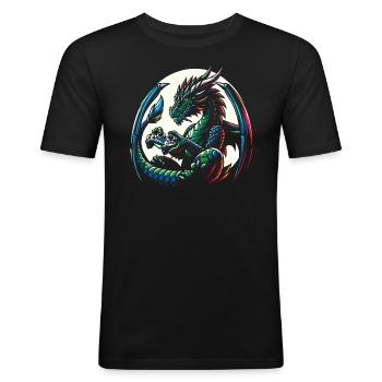 Dragon playing video games - Men's Slim Fit T-Shirt - black - Front - Nik (191cm)