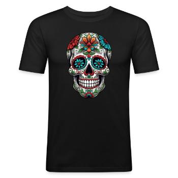Mexikanischer Totenkopf Día De Muertos Sugar Skull - Männer Slim Fit T-Shirt - Schwarz - Vorne - Nik (191cm)