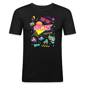 80er Jahre Motto Party Kostüm Outfit - Männer Slim Fit T-Shirt - Schwarz - Vorne - Nik (191cm)