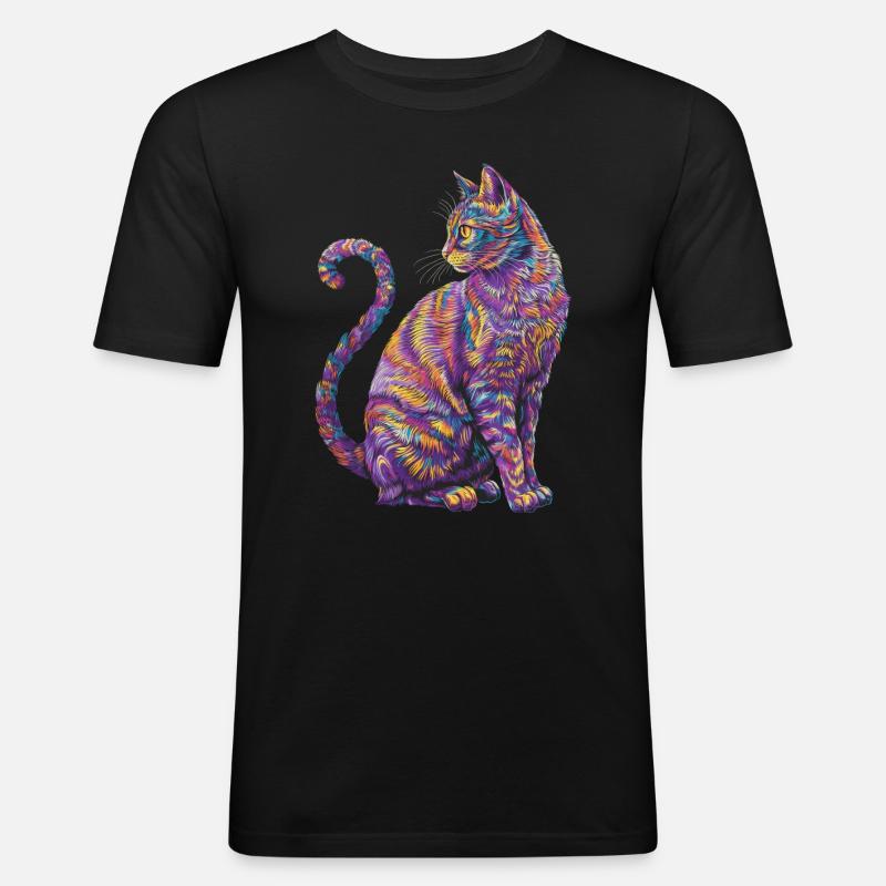 Lebendige psychedelische Katze - Bunte Katzenkunst - Männer Slim Fit T-Shirt - Schwarz
