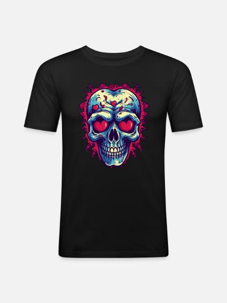 Schädel verliebt mit Herzen - Männer Slim Fit T-Shirt - Schwarz